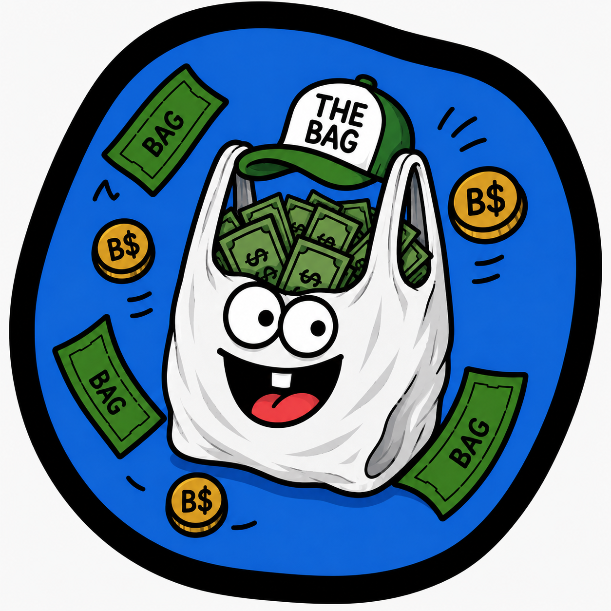 The Bag mascot — a smiling money bag wearing a cap